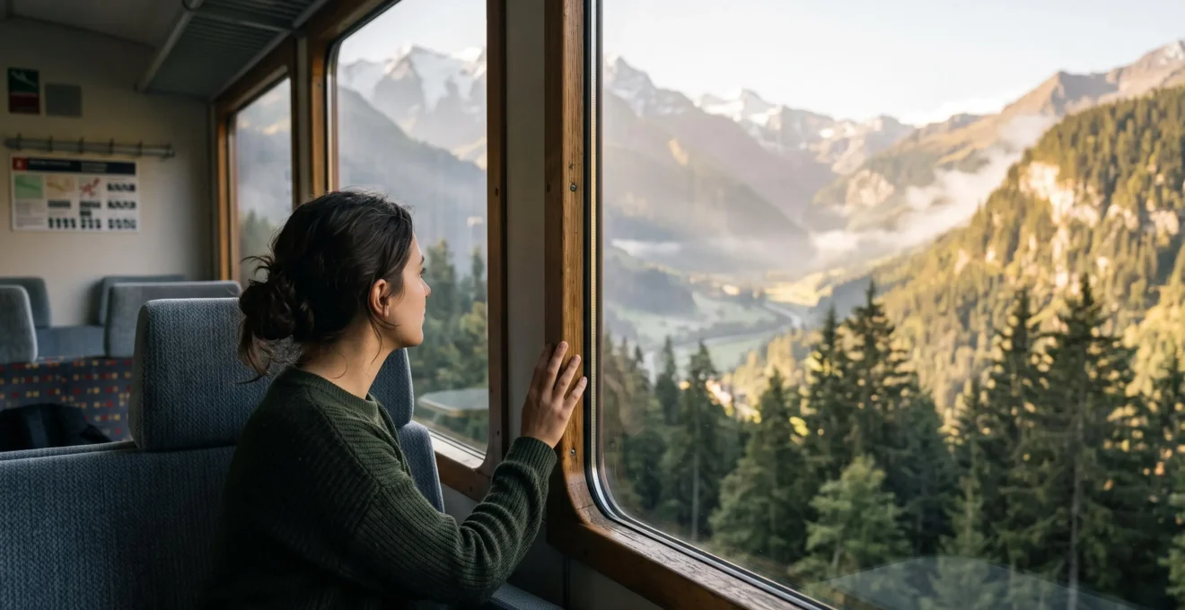 Voyageur contemplant les Alpes depuis la fenêtre d'un train traversant un col de montagne au lever du soleil