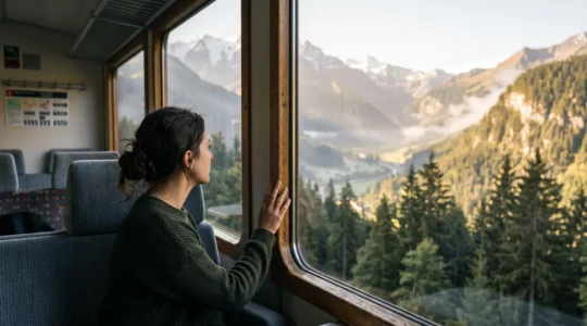 Voyageur contemplant les Alpes depuis la fenêtre d'un train traversant un col de montagne au lever du soleil