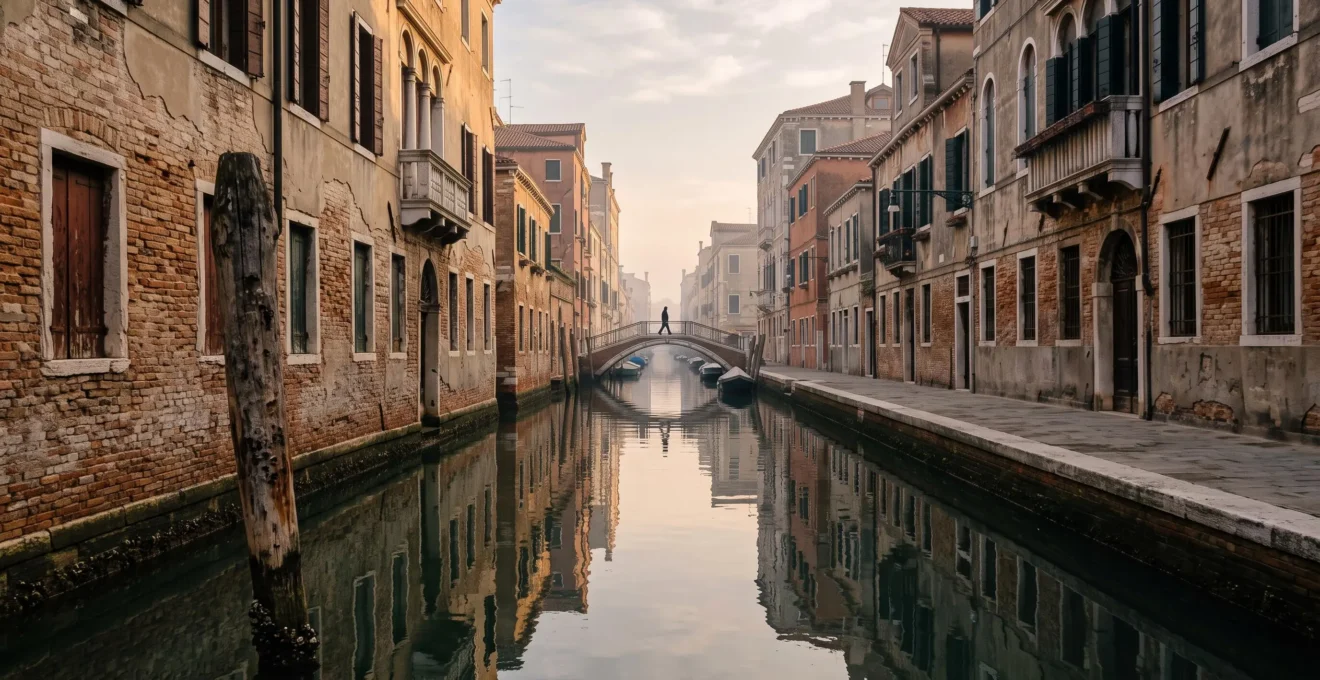 Un canal vénitien silencieux à l'aube, sans touristes, incarnant une Venise authentique loin de la foule