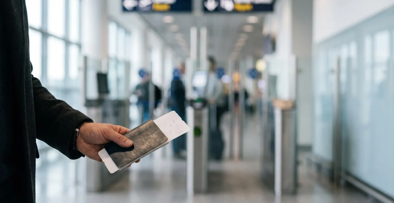 Voyageur présentant son passeport et ses documents de voyage à un point de contrôle frontalier européen épuré