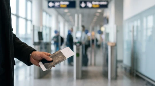Voyageur présentant son passeport et ses documents de voyage à un point de contrôle frontalier européen épuré