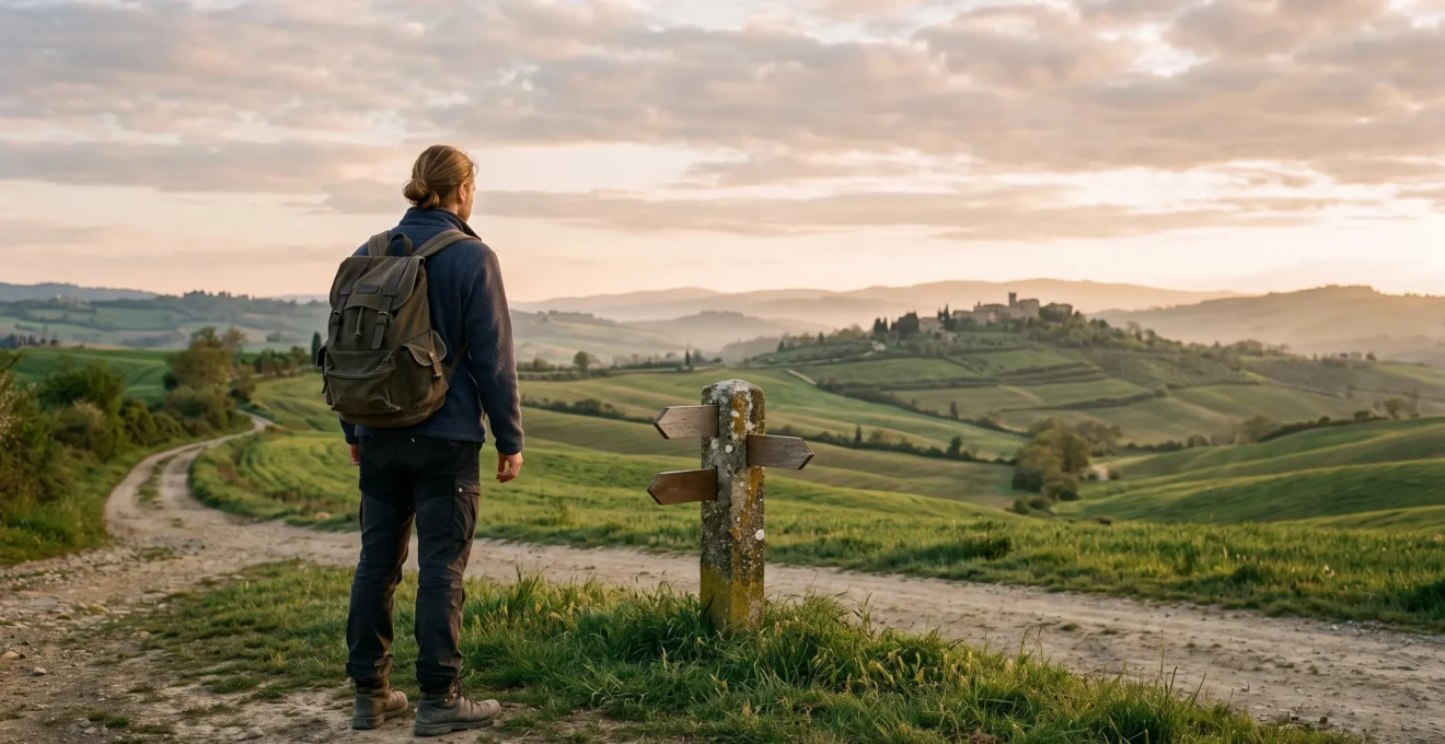 Voyageur avec sac à dos face à un carrefour rural en Europe, symbole du choix entre itinéraire touristique classique et chemin de traverse authentique