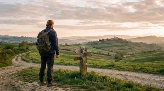 Voyageur avec sac à dos face à un carrefour rural en Europe, symbole du choix entre itinéraire touristique classique et chemin de traverse authentique