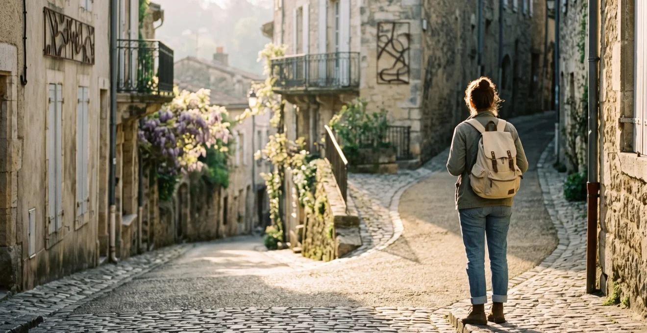 Voyageur contemplant une ruelle européenne au lever du jour, symbole du choix d'une excursion authentique