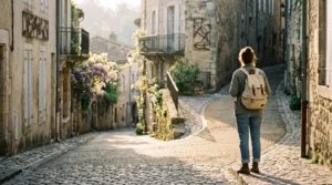 Voyageur contemplant une ruelle européenne au lever du jour, symbole du choix d'une excursion authentique