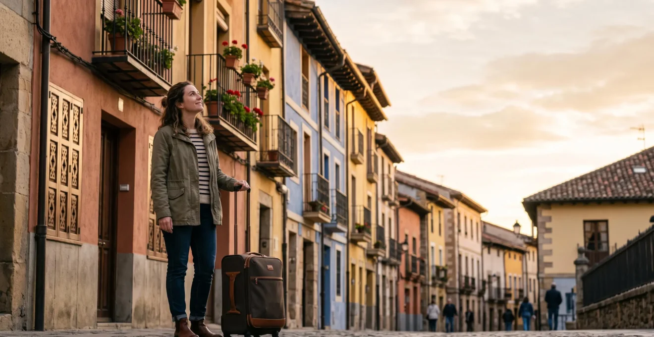 Voyageur souriant devant une petite auberge europeenne pittoresque au coucher du soleil, symbole d'un hebergement confortable et economique