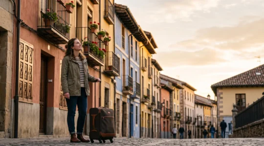Voyageur souriant devant une petite auberge europeenne pittoresque au coucher du soleil, symbole d'un hebergement confortable et economique