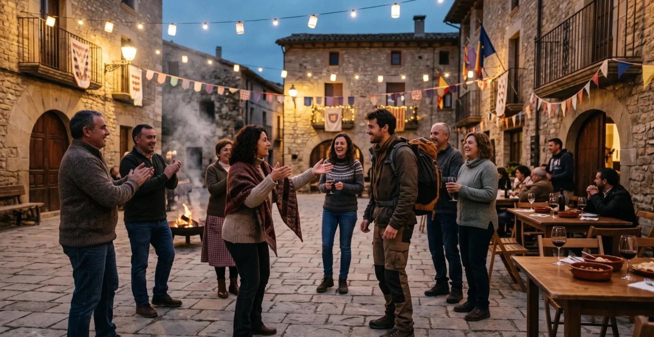 Un voyageur partage un moment convivial avec des habitants lors d'une fête traditionnelle dans un village europeen au crepuscule
