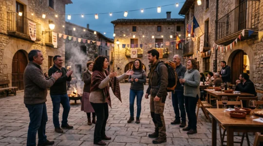 Un voyageur partage un moment convivial avec des habitants lors d'une fête traditionnelle dans un village europeen au crepuscule