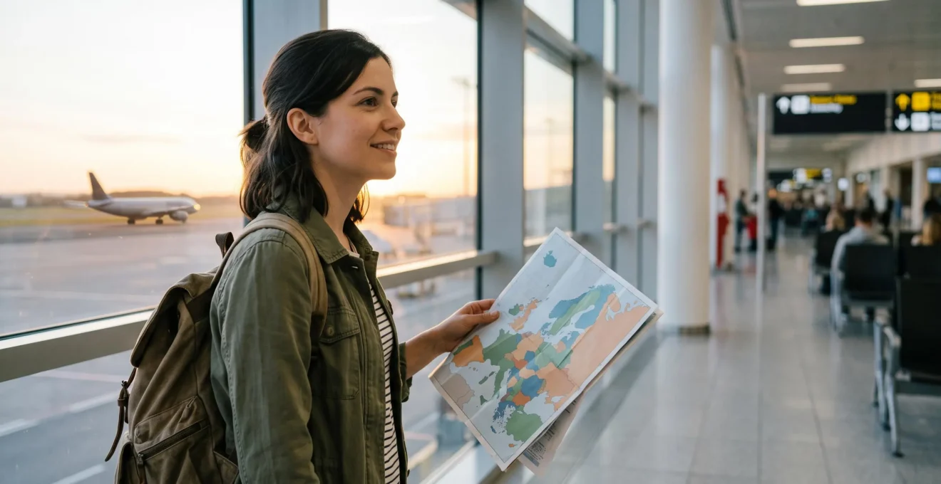 Jeune voyageur consultant une carte de l'Europe avec un sac à dos, symbolisant la recherche d'un vol pas cher