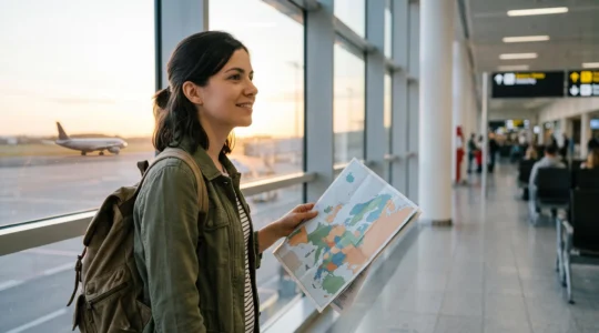 Jeune voyageur consultant une carte de l'Europe avec un sac à dos, symbolisant la recherche d'un vol pas cher