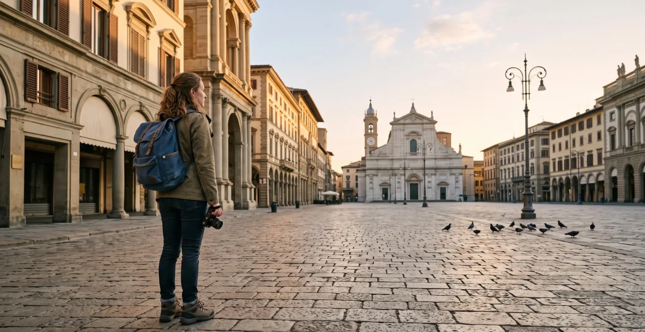 Un voyageur seul contemplant une place emblematique europeenne baignee de lumiere douce, sans aucune foule visible