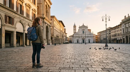 Un voyageur seul contemplant une place emblematique europeenne baignee de lumiere douce, sans aucune foule visible