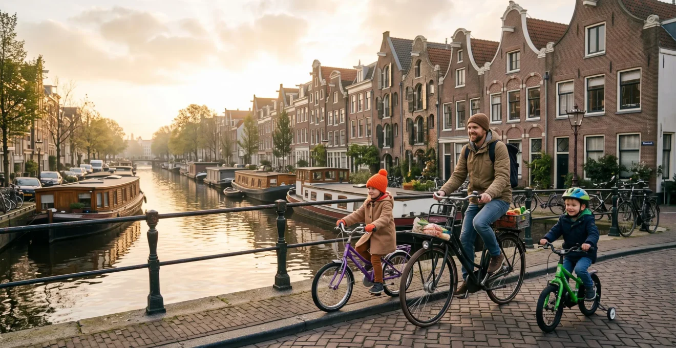 Une famille à vélo longe un canal d'Amsterdam par une matinée ensoleillée, illustrant un week-end familial dans la ville