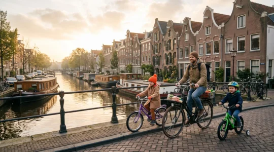 Une famille à vélo longe un canal d'Amsterdam par une matinée ensoleillée, illustrant un week-end familial dans la ville